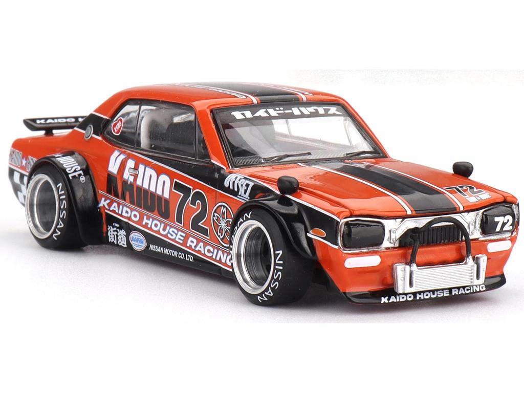 MINI GT Skyline RHD Racing V1 Orange mit Schwarzen Streifen und Grafiken Jun Kaido House Spezial Maßstab Druckguss Modellauto KHMG195 2000GT-R (KPGC10)