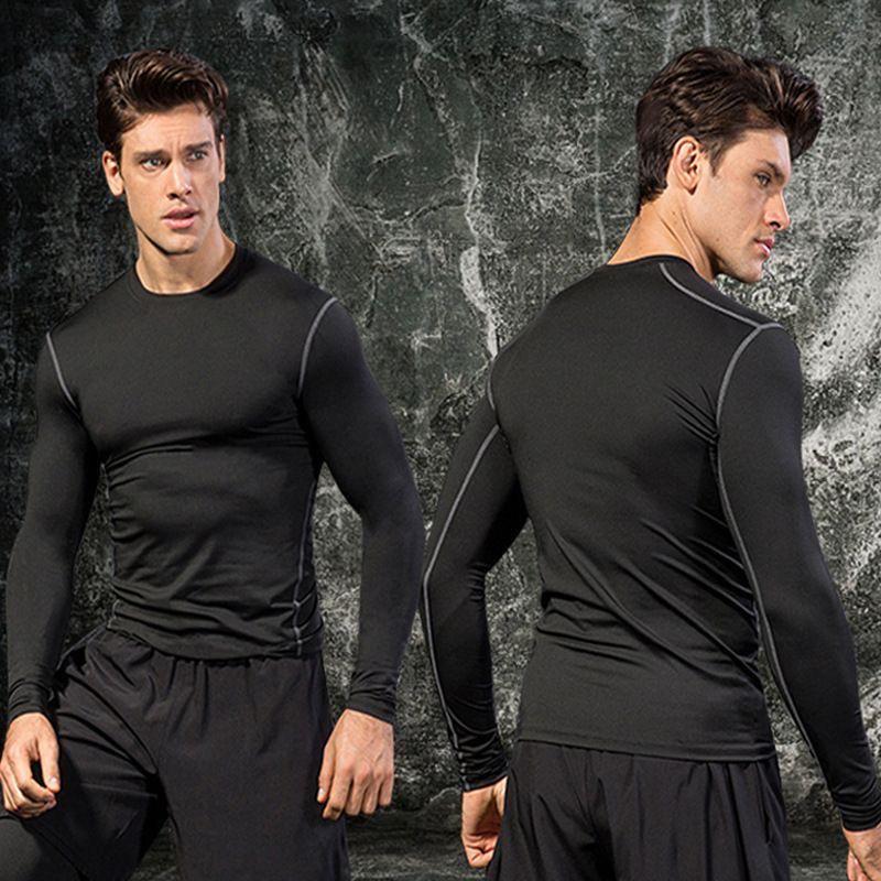 Herren Bunt Schnelltrocknend Kompressions-Tights Langarm Laufshirt - Atmungsaktive Elastische Basisschicht für Sport Fitness