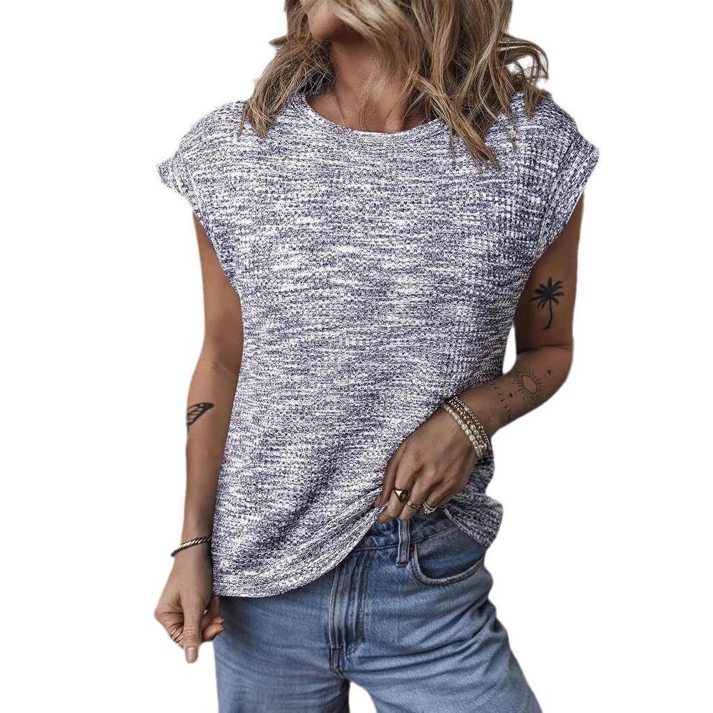 Camiseta de Moda para Mujer Primavera y Verano Moda Casual Blusa Cuello Redondo Color Sólido Suelta Camisa de Manga Corta