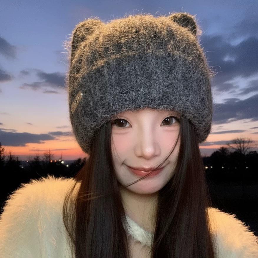 Cat ears wool hat big head circumference women's cute cold hat autumn and winter thickened cold-proof warm knitted fluffy hat