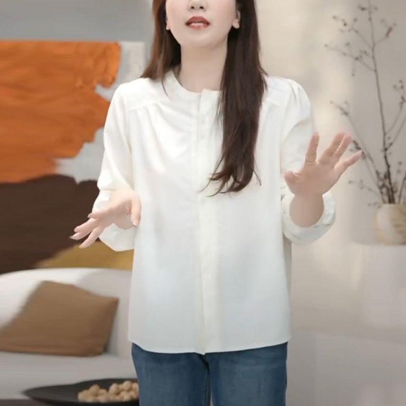 Women's 2025 New Stitched Round Neck Button Fashion Solid Color Versatile Casual Long Sleeve Shirt