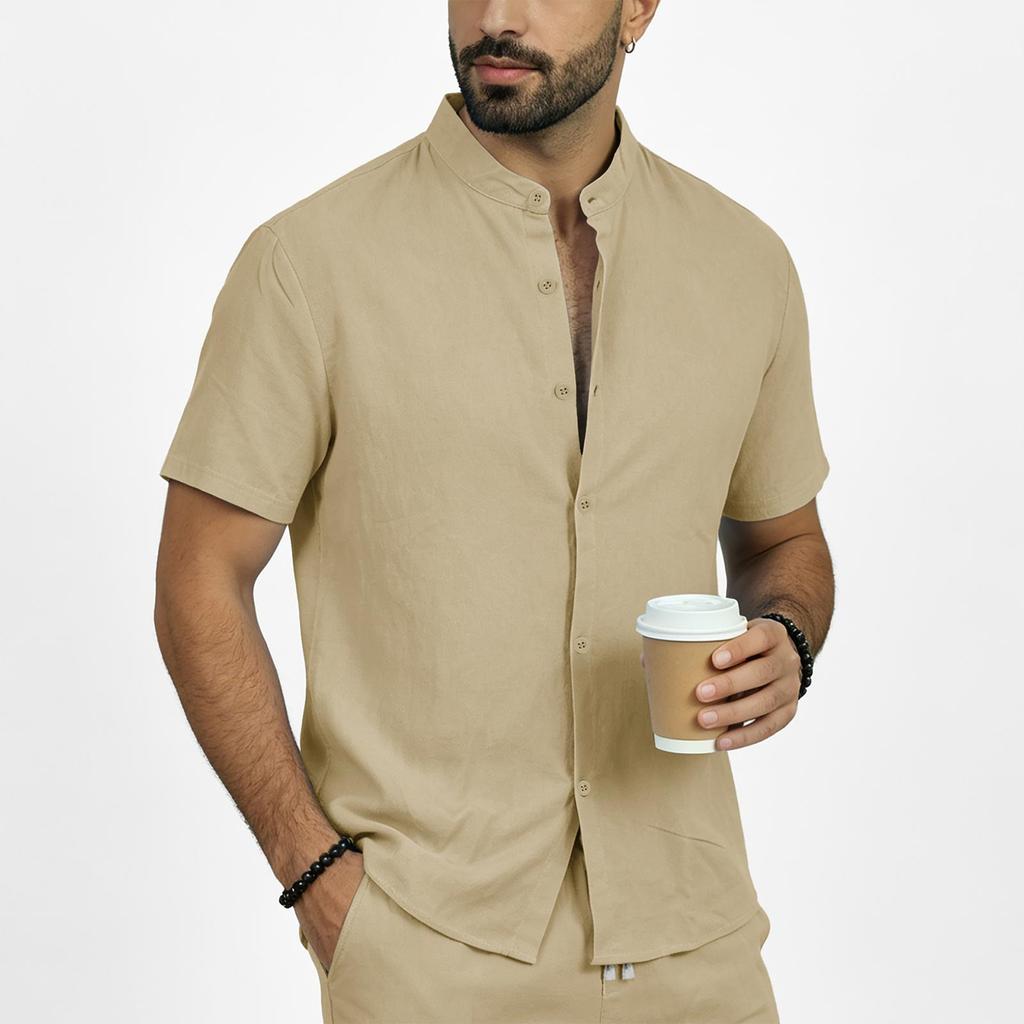 Men's Summer Linen Short Sleeve Shirt Stand Collar Button Down Shirt Casual Breathable Lightweight Top for Daily Wear