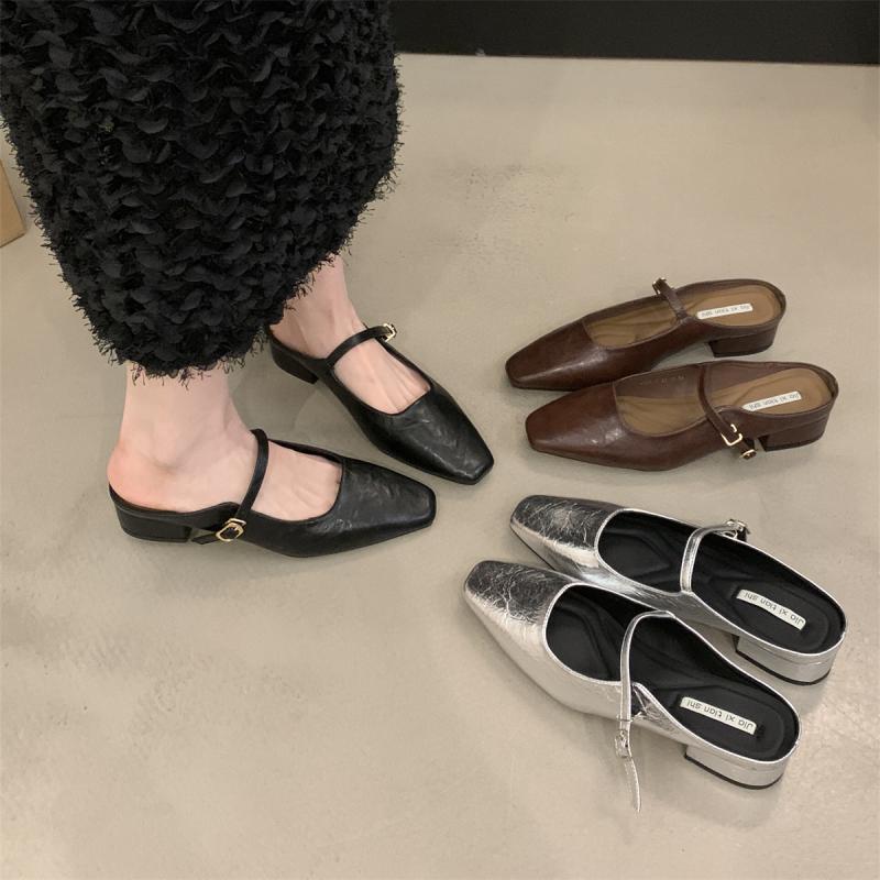Coarse heel bag head half slippers light mouth women's shoes spring 2025 new simple and versatile one word with silver cool shoes