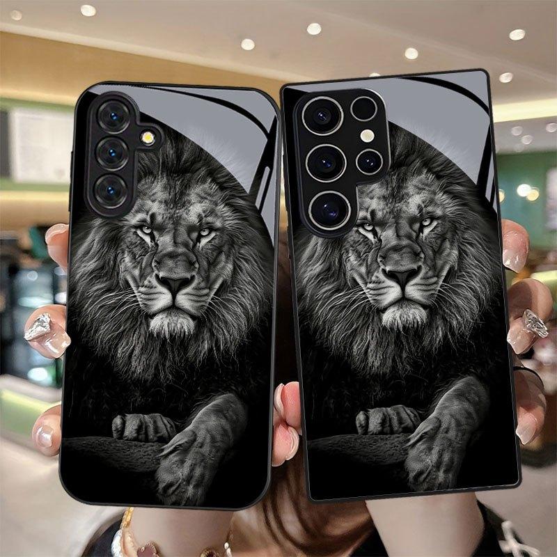 Lion Head Print Pattern Glass Phone Case Suitable for Samsung Galaxy S26 S25 S24 S23 S22 S21 S20 FE/Ultra/Plus Anti Drop