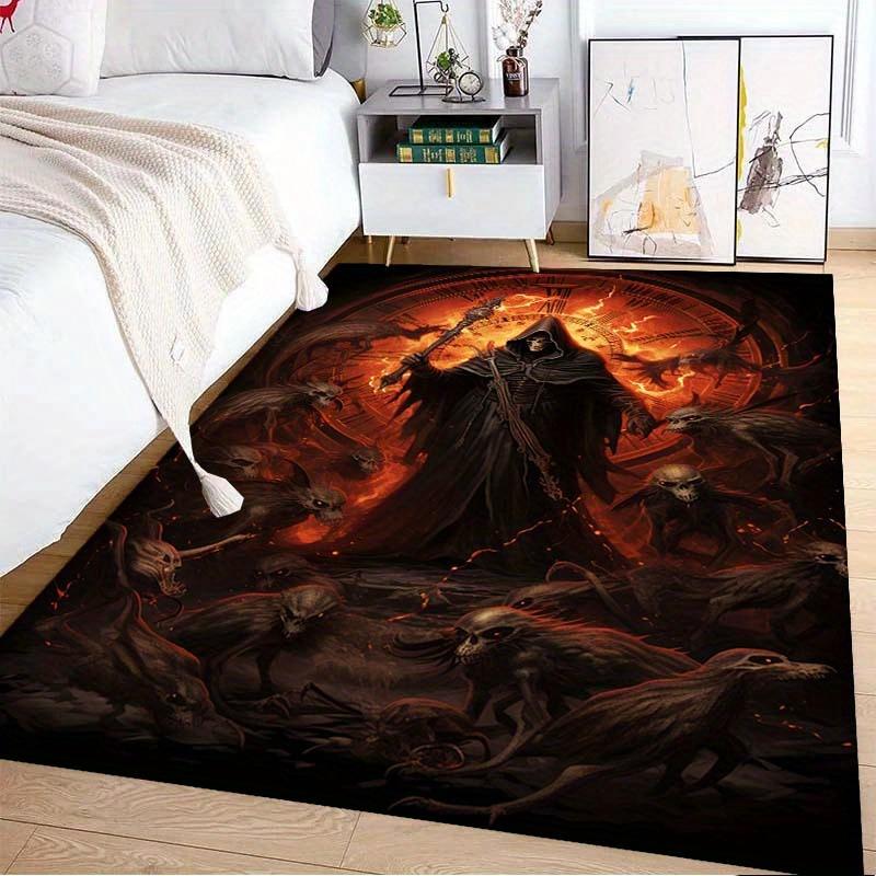 Gothic Demon Area Rug, Dark Fantasy Design, Non Slip Backing, Vibrant Flame Details, Perfect for Living Room Bedroom Decor