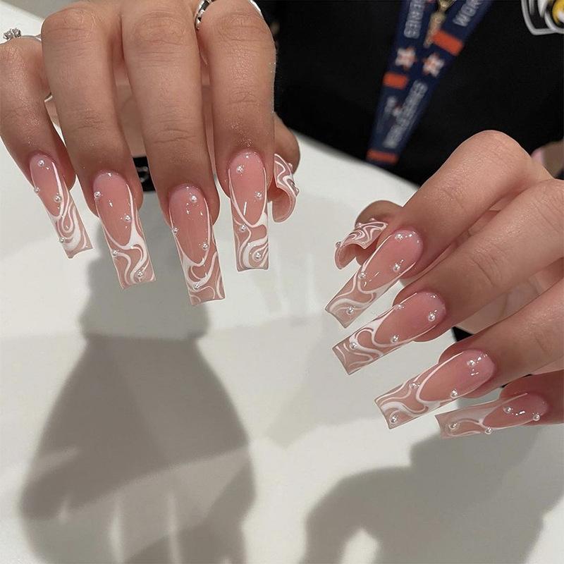 24 Pcs Long Square Press On Nails With Rhinestone Pearl Design White French Full Cover Wearable Fake Nail Tips