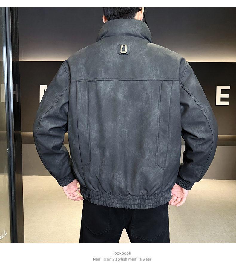 Men's 2025 Lightweight Leather Down Jacket: Stylish Short Winter Coat with Thick Stand Collar for Youth.
