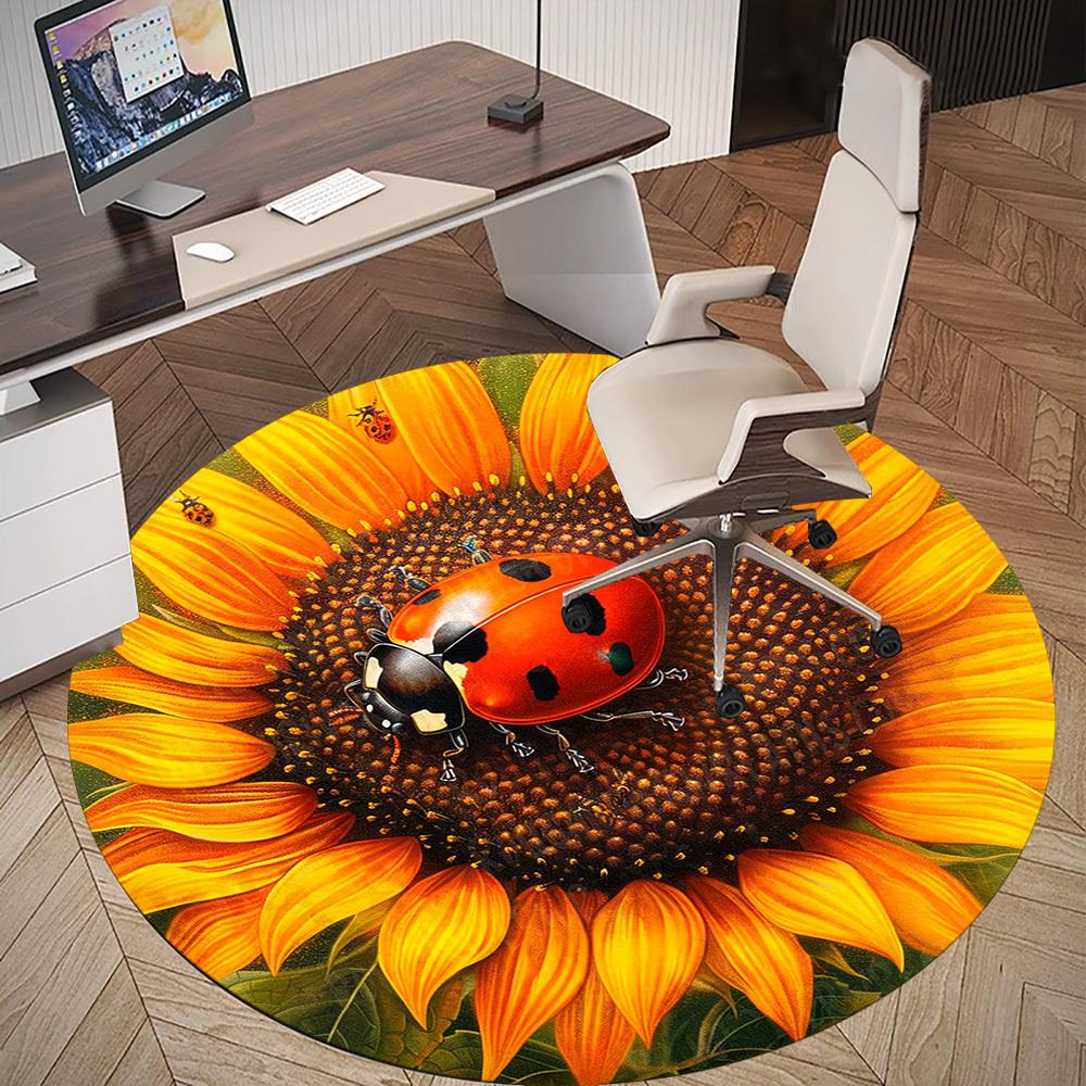 1 Stück Marienkäfer Sonnenblume Büro Runder Teppich, Unter Bürostühlen Schlafzimmer Wohnzimmer Heimdekoration, Teppich für Büro -1110047