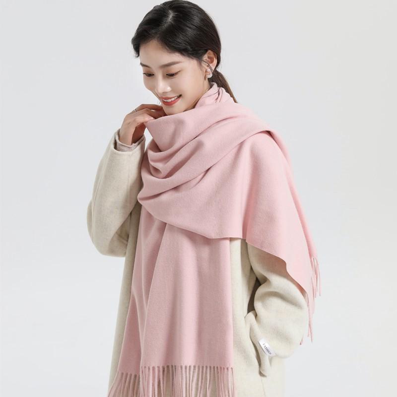 Womens Solid Color Wool Scarf With Fringe Winter Warm Shawl Mens Lightweight Cashmere-Blend Wrap Korean Style