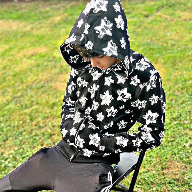 Womens Oversized Hooded Sweatshirt With Star Print Loose Fit Casual Streetwear Top