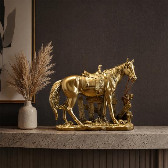 Horse Resin Figurine, Rustic Fence & Galloping Pony Statue Sculpture, Luxury Home Decor for Living Room TV Stand Entryway Wine Cabinet, Unique
