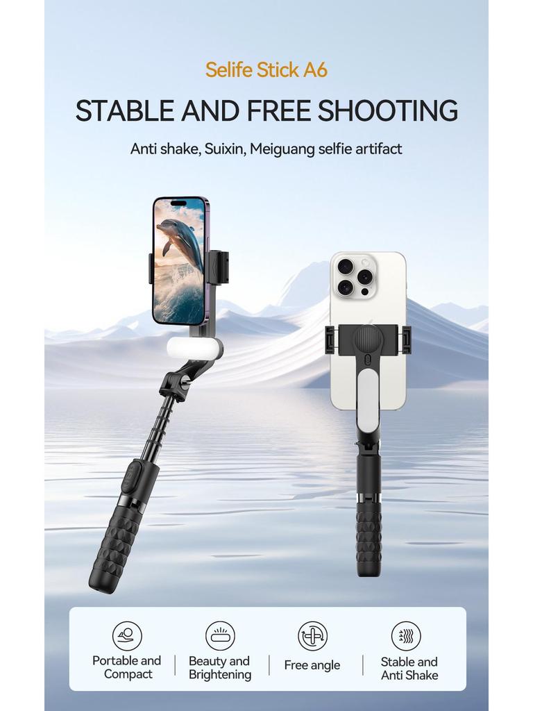 A6 Phone Stabilizer: Single-Axis Gimbal with Fill Light & Bluetooth Selfie Stick for Travel Vlogging