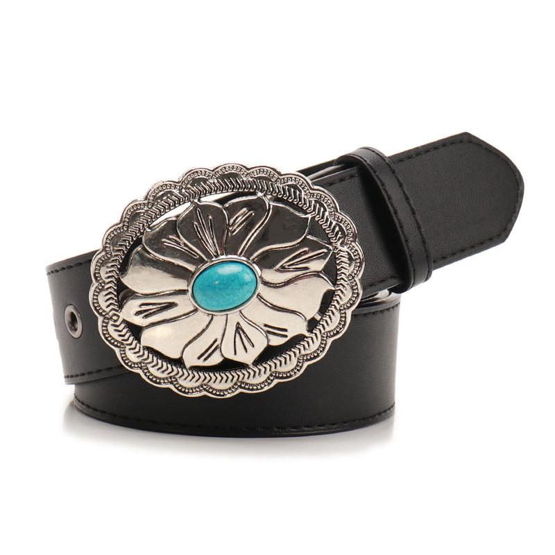 Bohemian Vintage Gem Black Leather Belt For Women With Alloy Buckle And Versatile Style