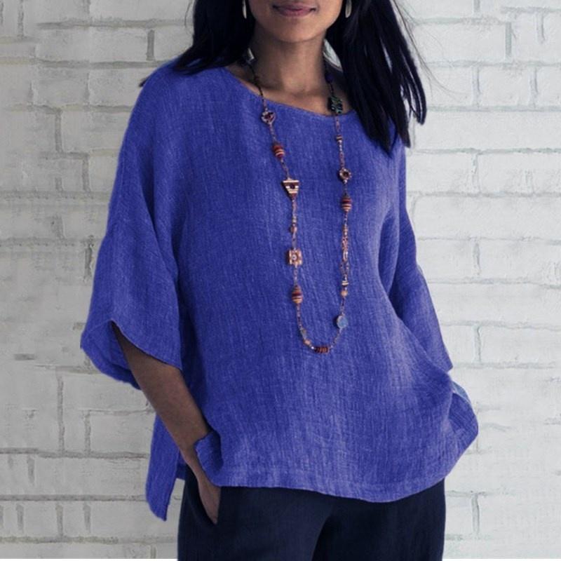 Women's Cotton Linen Round Neck Blouse 3/4 Sleeve Loose Casual Solid Color Summer Top