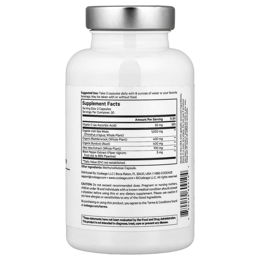 Codeage Amen Sea Moss + Vitamin C, Aloe Vera & Black Pepper Veggie Capsules, 90 Count