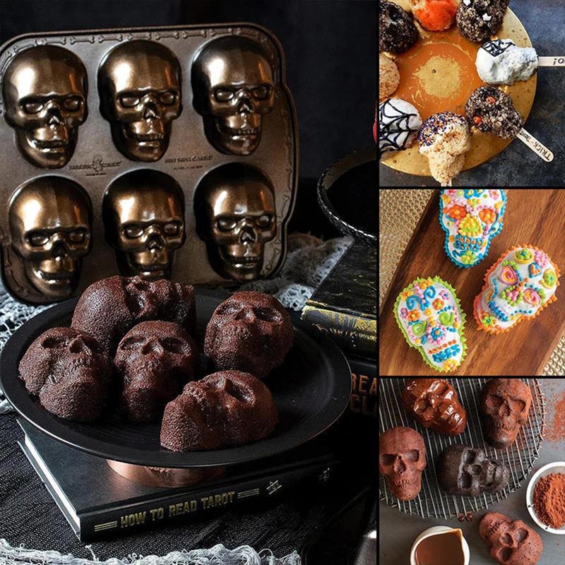 3D Skull Baking Cake Mold Halloween Molds Metal DIY Skeleton Cake Mold Safe Baking Sheets Realistic Kitchen Baking Tray Tool