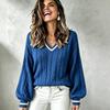 Women Loose V Neck Color Block Cable Knit Long Sleeve Fashion Sweater Top