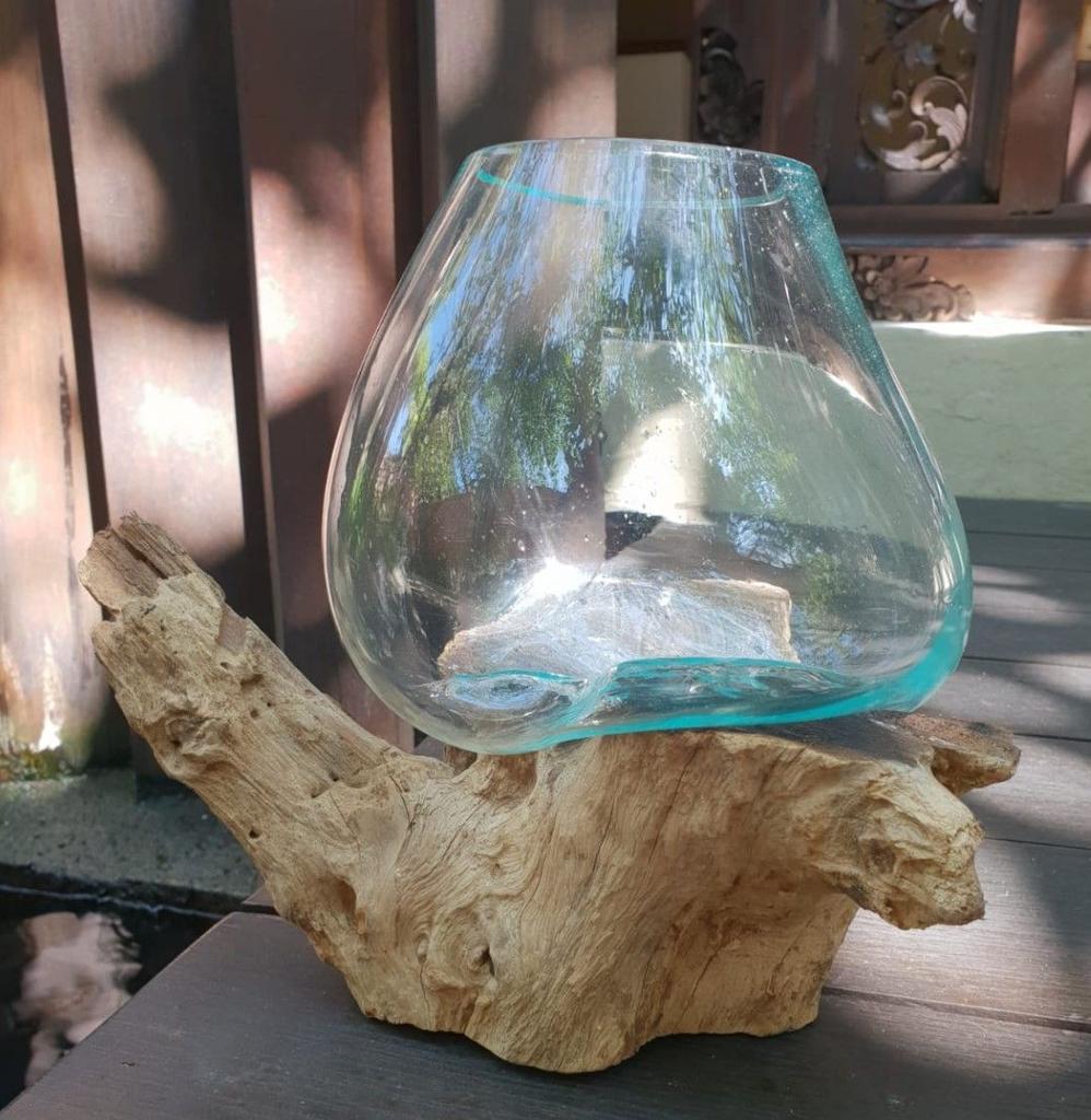 Melted Glass Bowl On Wood Stand
