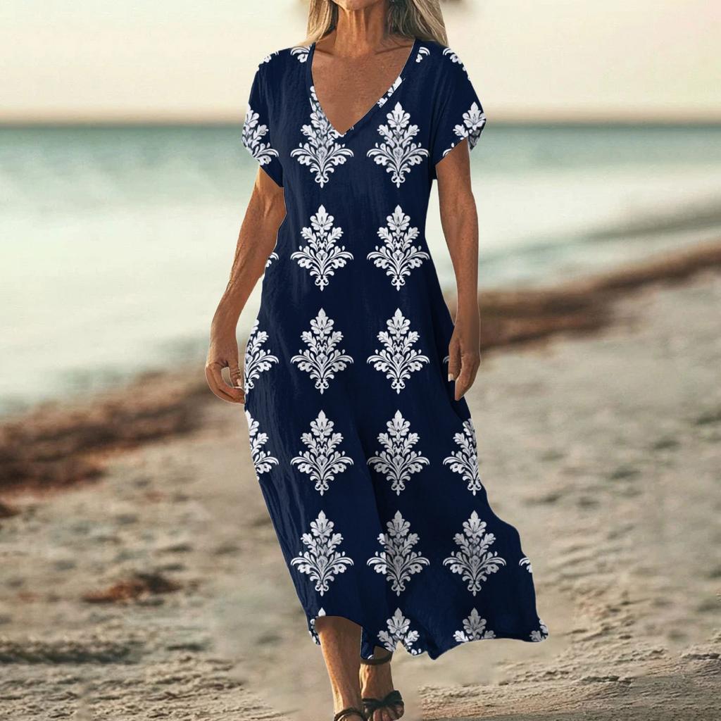 Fashion Women's Summer V-Neck Short Sleeve Floral Print Beach Dress