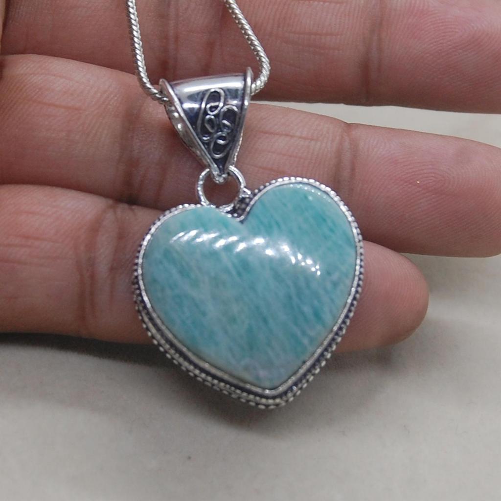 Heart Shape Amazonite Gemstone 925 Sterling Silver Pendant Jewelry, Love Gift Wedding Pendant Jewelry