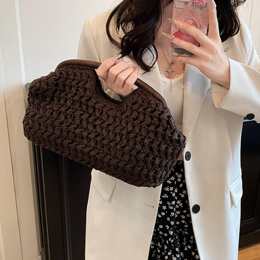 Large Capacity Woven Handbag Grass Clutch Crescent Bag Trendy Straw Bag Girls