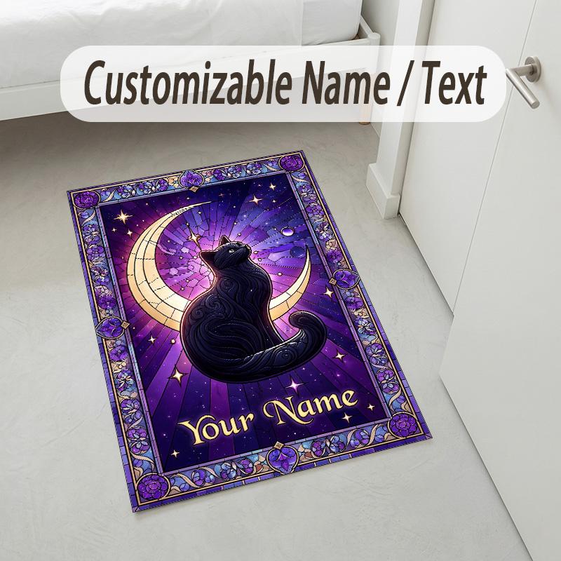 Moonlit Cat Theme Soft Crystal Velvet Rug Custom Name & Text Print Non Slip Floor Rug for Bedroom Living Room