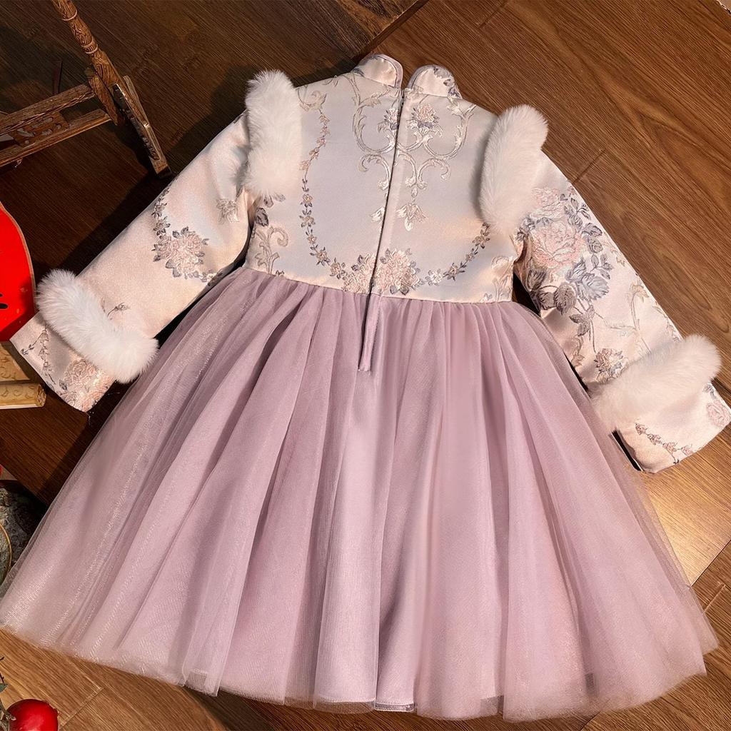 Winter 2025 Girls' Fleece-Lined Hanfu Dress: New Year Fairy Style, Traditional Children's Costume