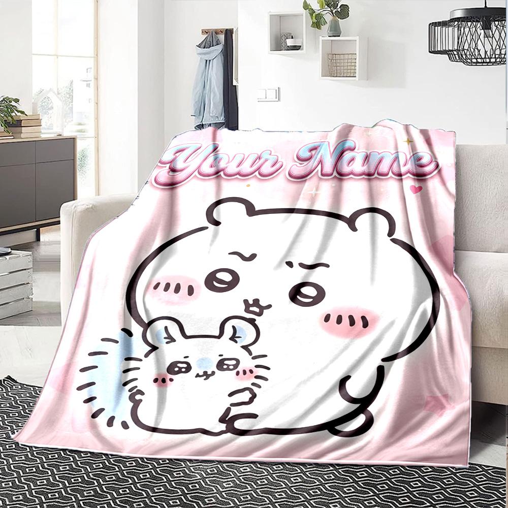 1pc Chiikawa Blanket with Custom Name, Gift, for Men and Women, Soft Blanket, Good for Sofa Bed Couch Travel, Lightweight Flannel Blanket