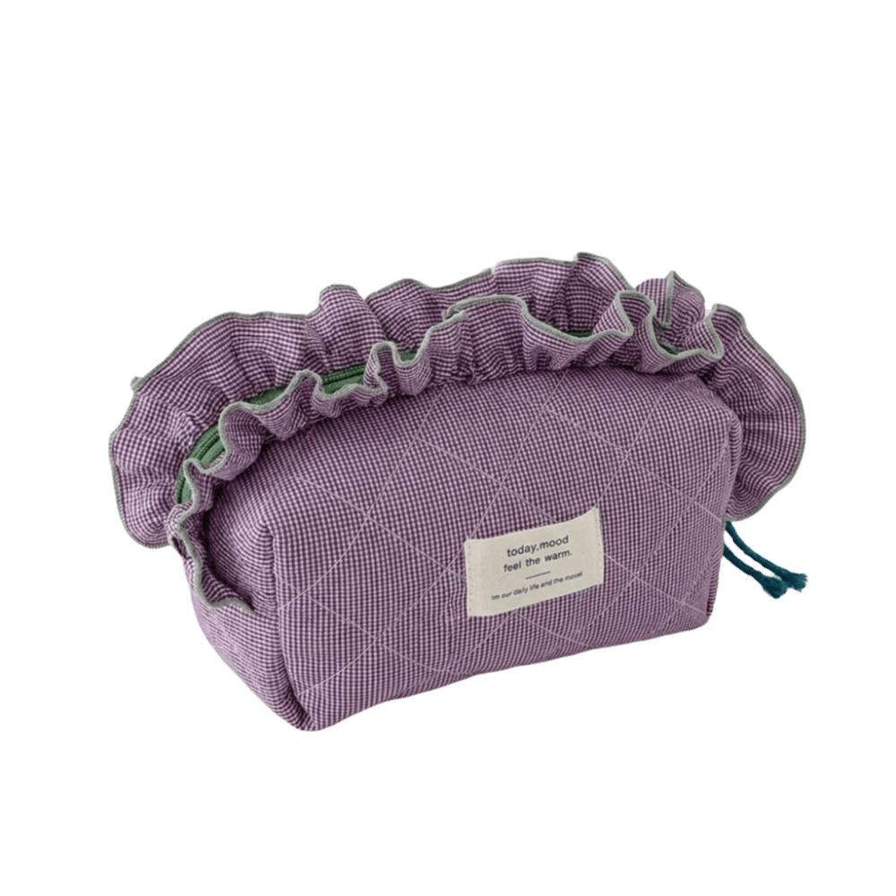 Cotton Ruffle Edge Makeup Bag Checkered Storage Pouch Plaid Cosmetic Pouch Women
