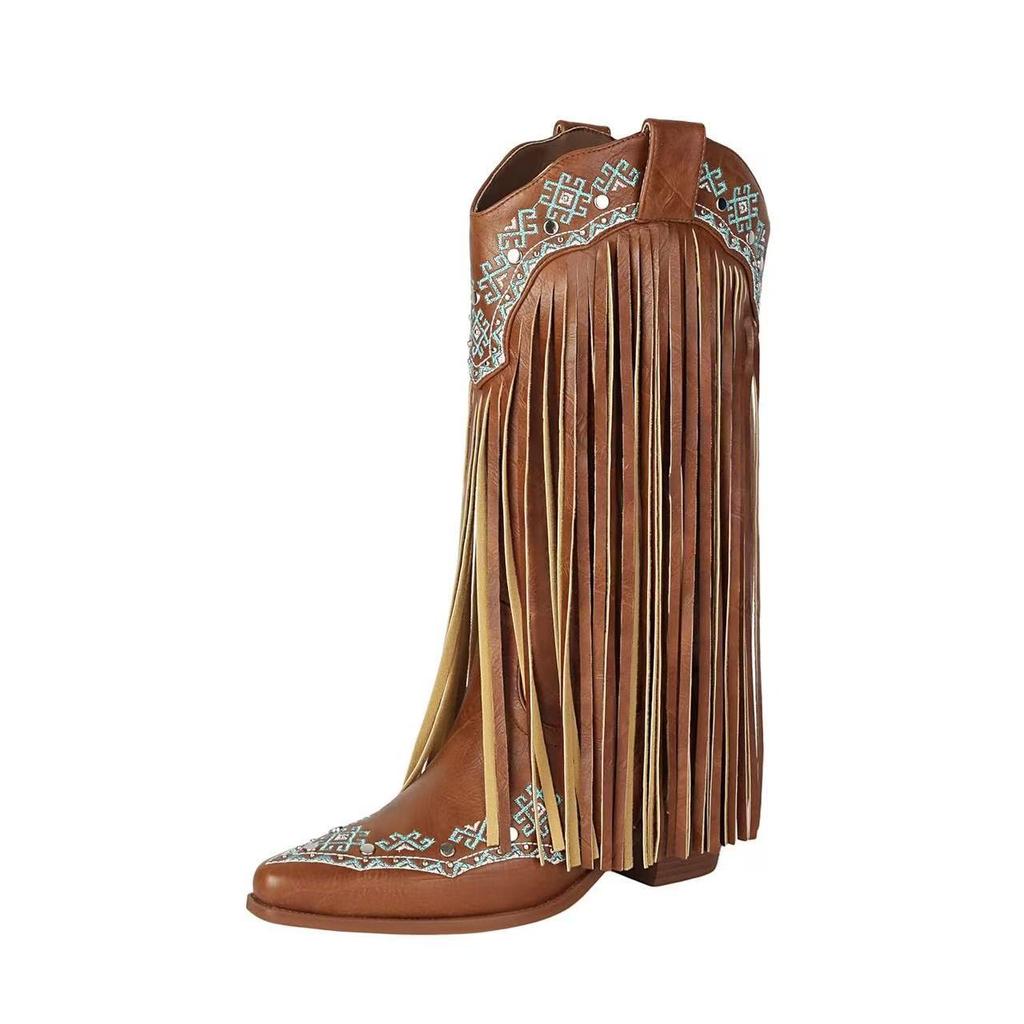 Cowboy Boots Embroidery Autumn and Winter New Knight Boots Large Size Fringed Thick Heel Rivet Western High Boots