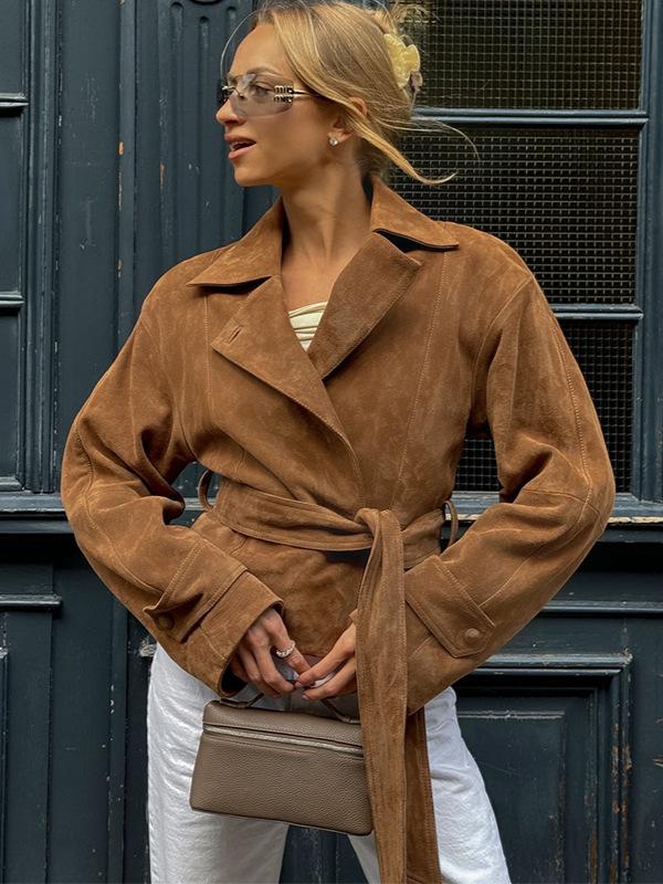 European & American Women's Suit Collar Tie Short Jacket for Spring & Autumn 2025