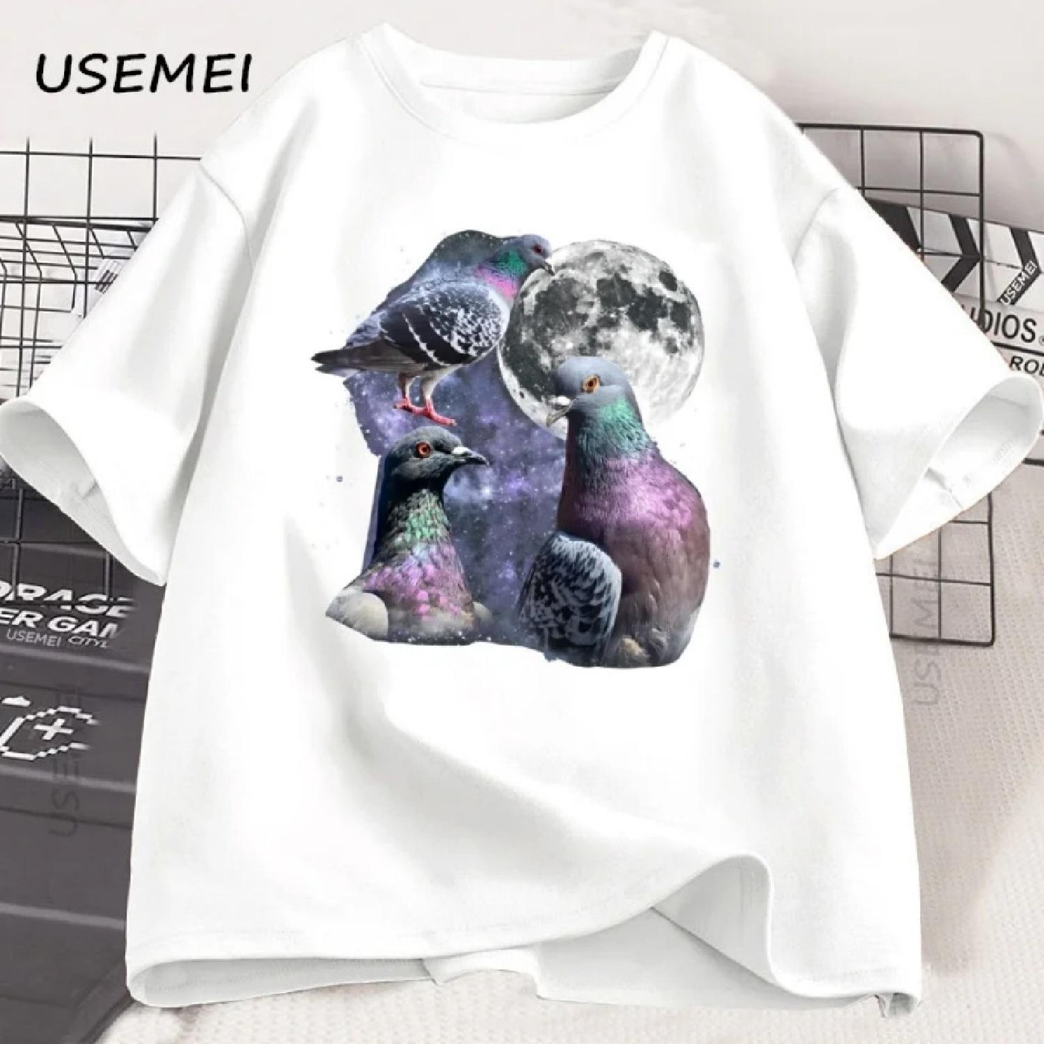 Three Pigeon Retro Graphic T-shirts Pigeon Moon T Shirt Oversized Bird Tee Men Women Printed Cotton Short Sleeve Clothes Tops XXXXXL белый