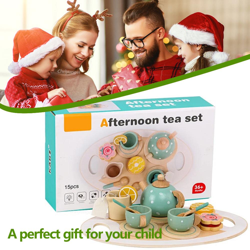 Wooden Tea Set Toys Pretend Play Kitchen Accessories for Kids Food Afternoon Tea Role Play Game for Toddlers Girls Boys Gifts