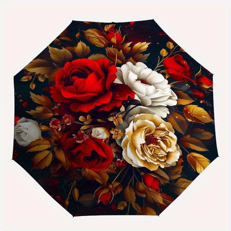 Roses, Floral Theme 8 Bone Hand Automatic Folding Umbrella, Compact and Portable Design, A Perfect Gift for Birthday, Christmas or Business