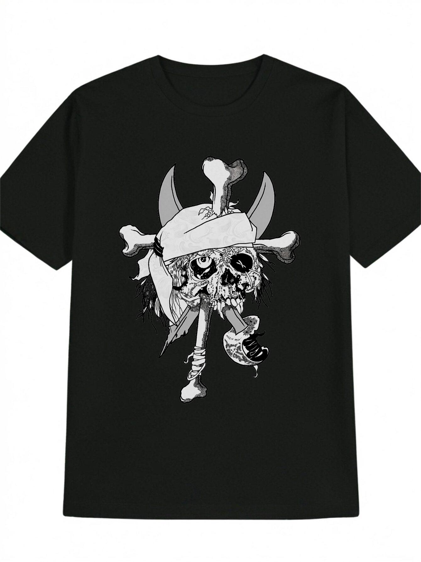 Casual Skull Graphic T-shirt - Black Crew Neck Tee with White Skull & Crossbones Design XXL