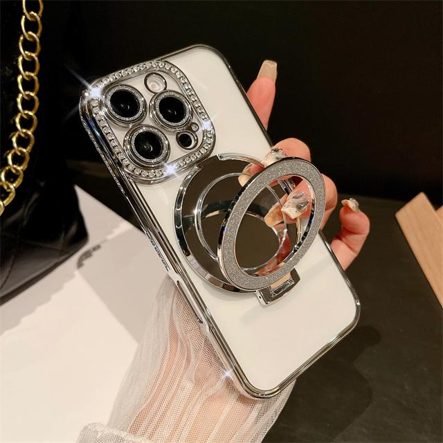 For iPhone 16 Pro Max Luxury Glitter Holder Stand Plating Frame Phone Case For iPhone 11 12 13 14 15 16 Plus Flash Diamond Cover