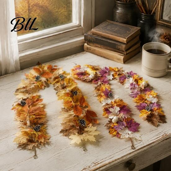 Artificial Maple Leaf Garland Fall Wreath, Autumn Vine with Pine Cones Pumpkins, Reusable Decorations for Home Hanging Decor Thanksgiving Harvest