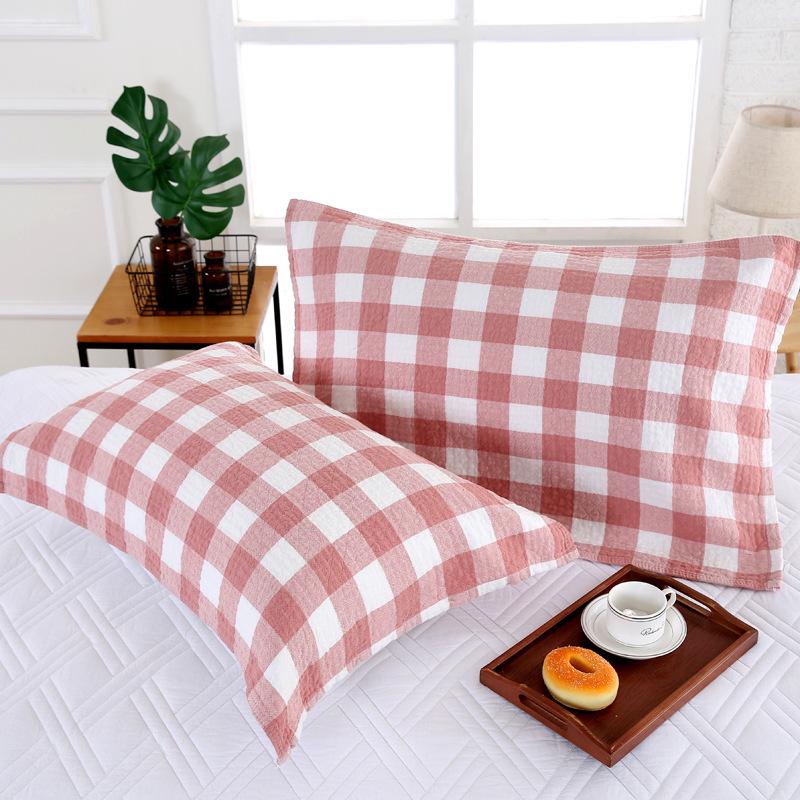 Three-Layer Washed Cotton Plaid Gauze Pillowcase - Soft, Breathable, Sweat-Absorbing Japanese Style