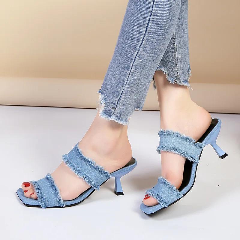 Women Denim Women's Mules Slipper Sandals 2024 Retro Slip on Stiletto Pumps Summer High Heels Peep Toe Shoes Pantuflas De Mujer