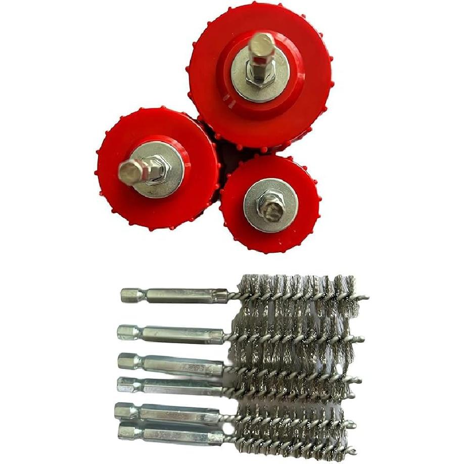 9 Piece Set 1/2" 3/4" 1" Copper Pipe Cleaner for Power Drill, 1/2" 3/4" 1" Tube Cleaning Brush, Cleans Copper / Bronze / Brass Pipes and Tubes for