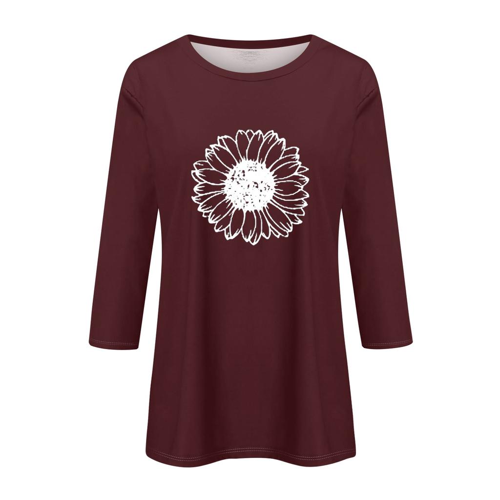 Women's Fashion Casual Round Neck 3/4 Sleeve Loose  Printed T-Shirt Ladies Top