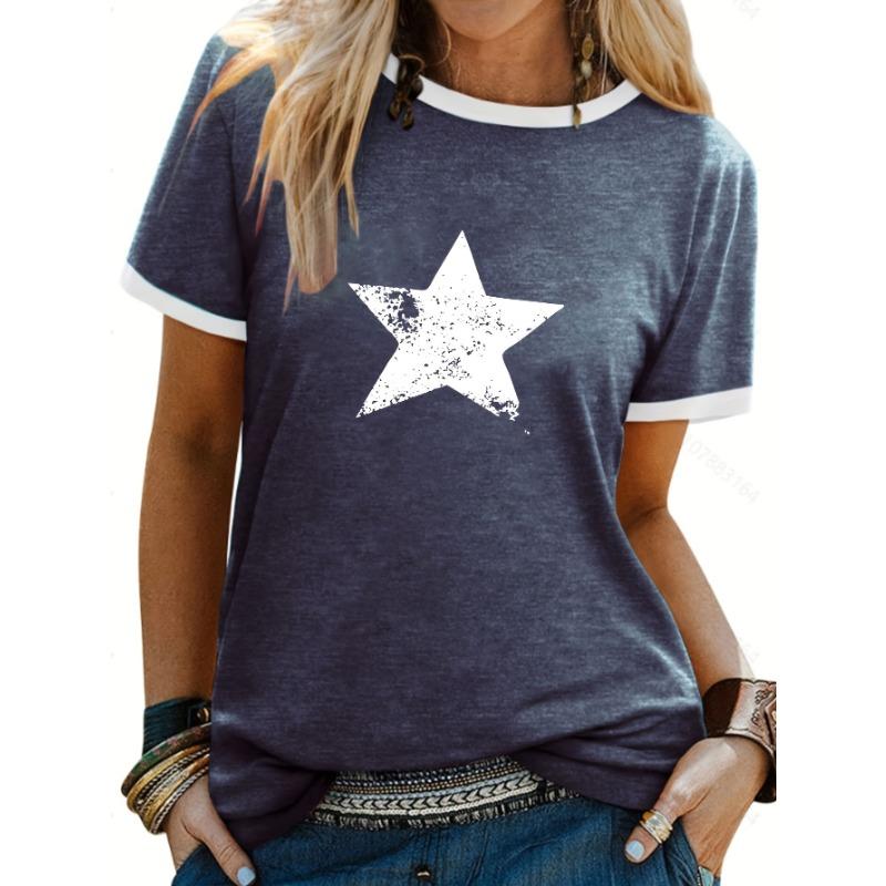 Five-pointed star print contrast T-shirt, short-sleeved crew neck casual top