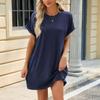 IHUASU Spring/Summer Solid Color Round Neck Loose Pocket Short Sleeve Women's Dress
