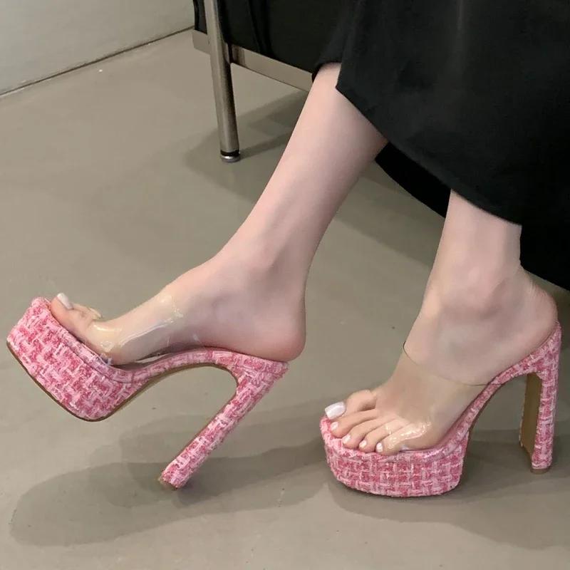 Fashion High Quality Clear PVC High Heel Slippers Women Summer Peep Toe Slides Sandals Elegant Square Platform Sandals Party Slide Heels