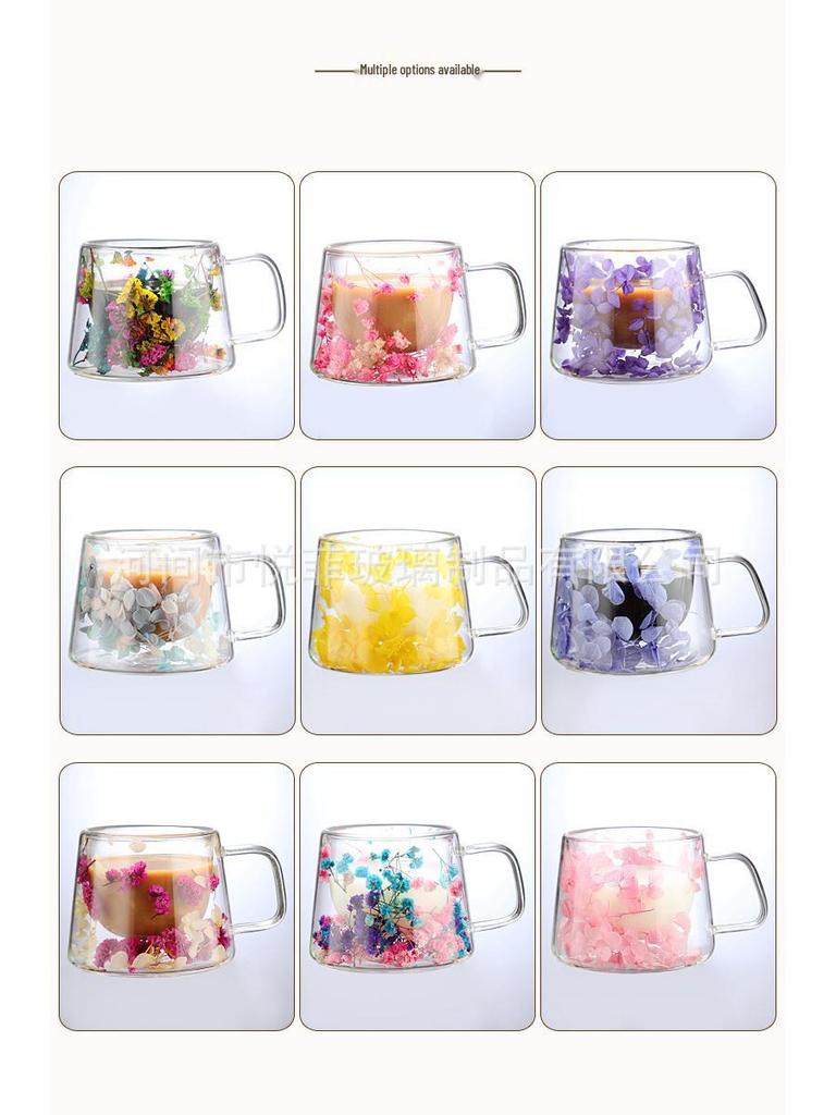 Elegant Double-Layer Glass Cup with Real Flower Design - Perfect for Coffee or Water, Made from High-Quality Borosilicate.