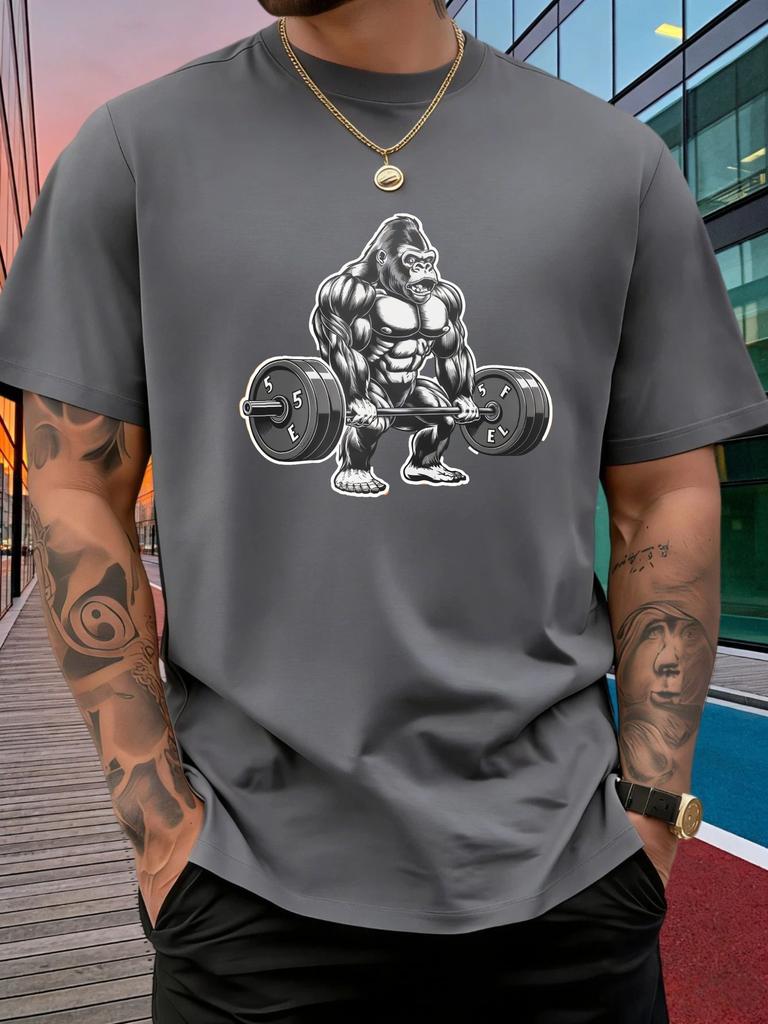 Unisex Crew Neck Cotton T Shirt Muscular Gorilla Barbell Print Short Sleeve Tops Loose Fitness Casual Summer Tees For Young Male