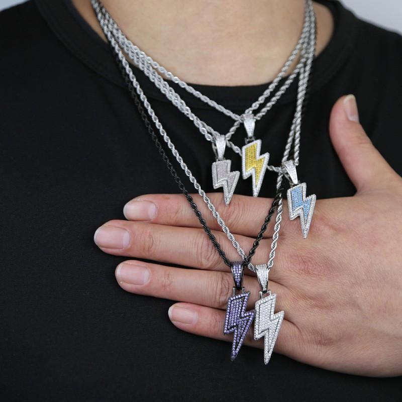 Hip Hop Lightning Pendant Necklace With Zirconia Accents Copper Chain Dual Tone Gold Platinum 60cm Geometric Jewelry
