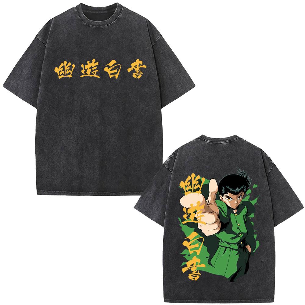 Anime YuYu Hakusho Urameshi Yuusuke Vintage Washed T Shirt Men Women Casual Oversized Tshirts Mens 90s Manga Retro Streetwear