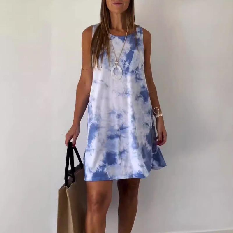 2024 Summer Round Neck Dress for Women  Tie Dye Sleeveless Dresses Fashion Loose Simple Vacation Ladies Casual Wear Robe Femme
