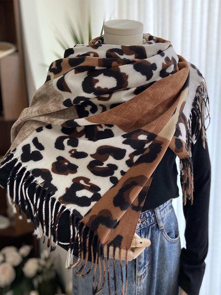 Women Winter Retro Knitted Scarf Ladies Leopard Plaid Print Tassel Scarve Mujer Foulard Wrap Shawl Unisex New Imitation Cashmere